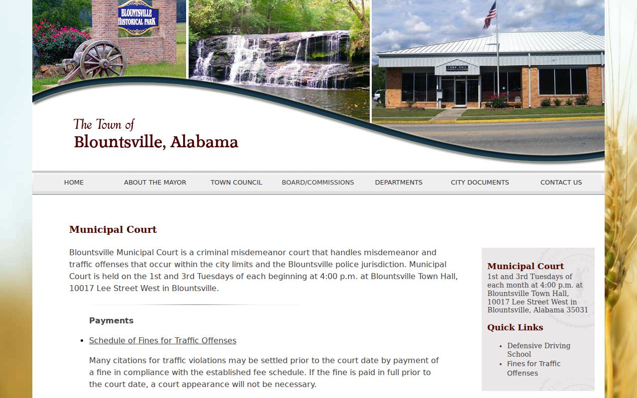 Blountsville criminal history municipal court schedule and payment page