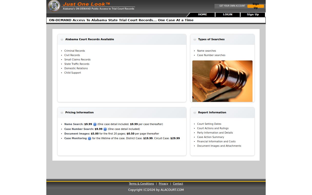 Alabama Just One Look court case access screen