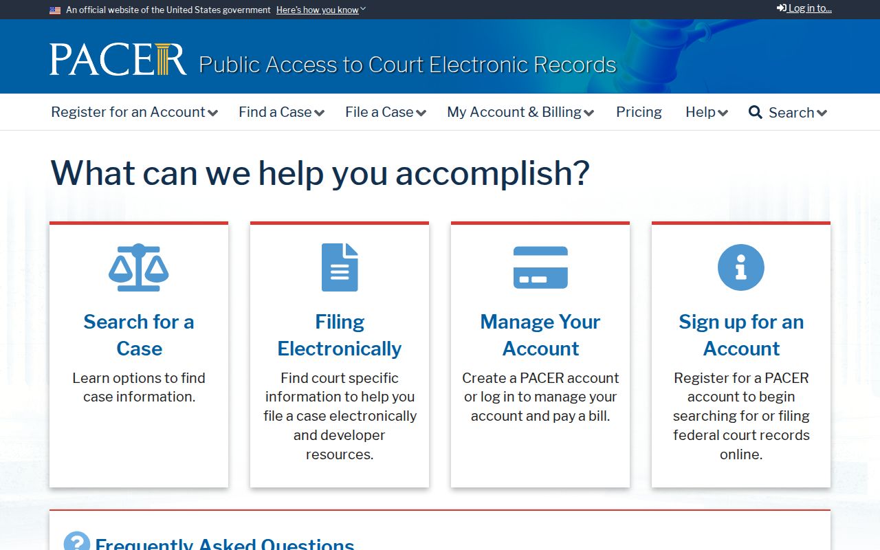 PACER federal court records service home page