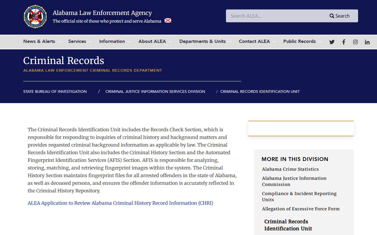 ALEA Criminal Records Identification Unit page for Alabama criminal history self-review