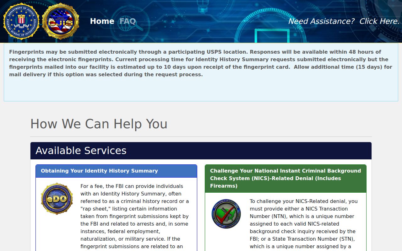 FBI electronic departmental order portal for an Identity History Summary