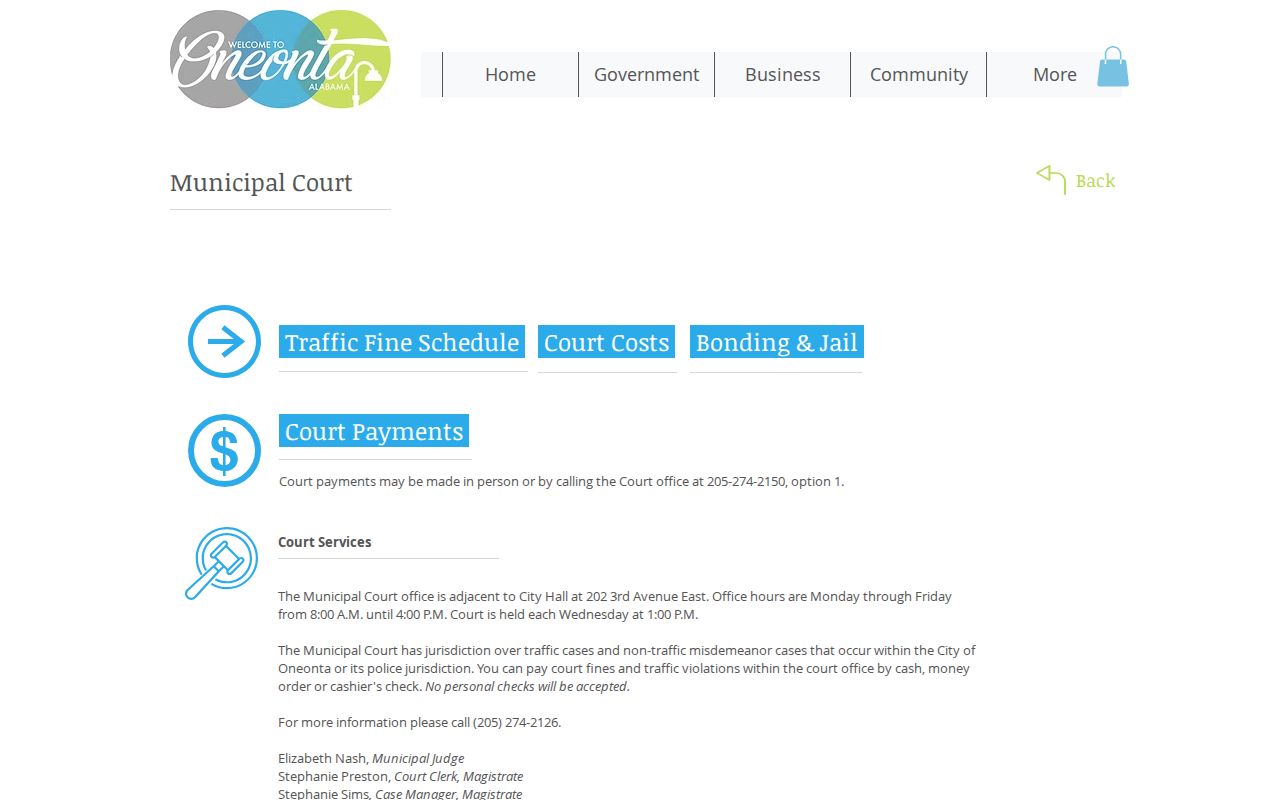 Oneonta Municipal Court criminal record information at City Hall